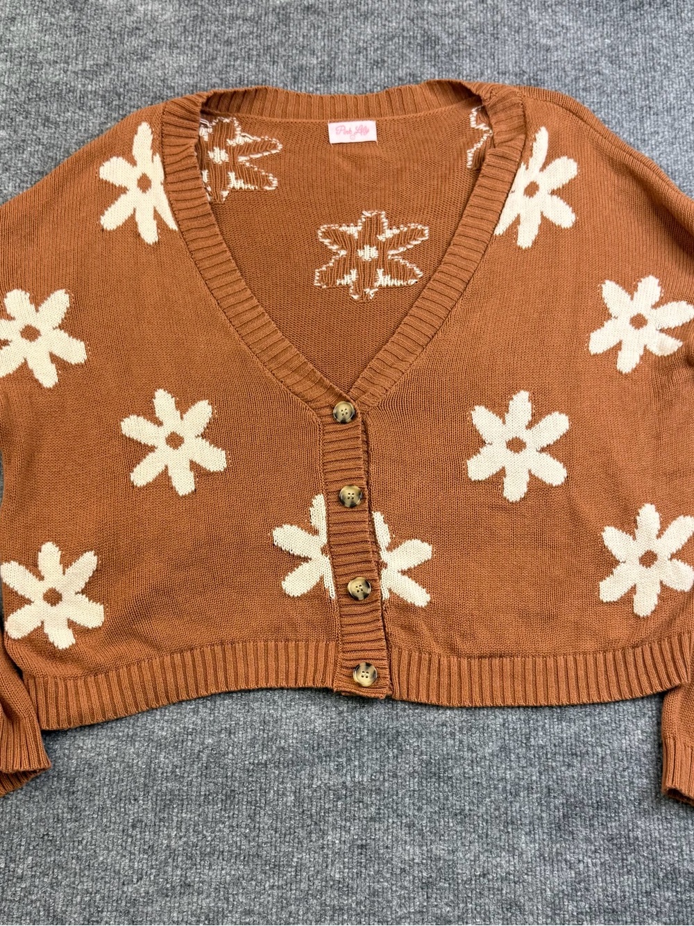 Pink Lily Floral Daisy Cropped Cardigan Sweater Brown Cream Size Large